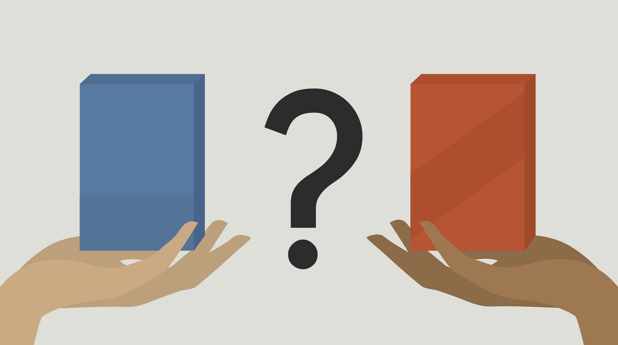 Light skin hand holding blue box, question mark, dark skinned hand holding red box.