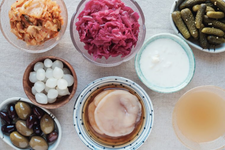 Probiotic foods such as kimchi, yogurt, sauerkraut, pickles, etc